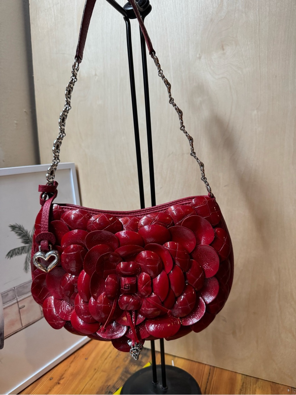 Brighton Rosalie Red Floral Leather Shoulder Bag with Heart Charm